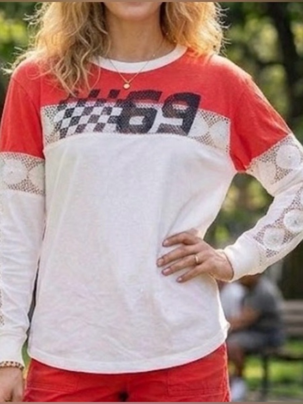 69 White and Red Long Sleeve Tee with Lace Panels L